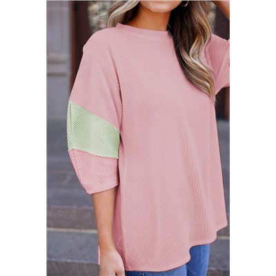 Light Pink Color Block Ribbed Knit Quarter Sleeve Top