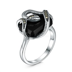 Кольцо из чернёного серебра с натуральным ониксом и марказитами - Змея