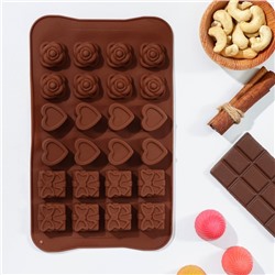 Форма для конфет и шоколада Доляна «Подарок, сердце, роза», силикон, 23,2×13,8×1,1 см, 24 ячейки (2,6×2,6×2 см), цвет МИКС