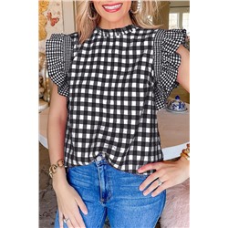 Black Checkered Ruffled Sleeve Frilled Neck Blouse