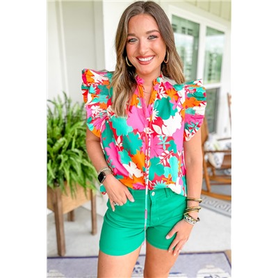 Green Floral Tie Split Neck Ruffle Trim Blouse