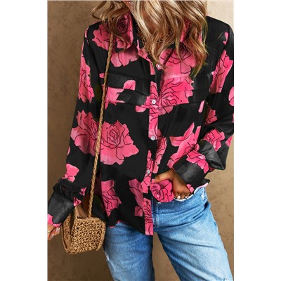 Black Floral Print Pleated Detail Puff Sleeve Shirt