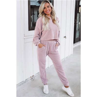 Apricot Powder Ribbed Two Piece Pullover and Joggers Lounge Set