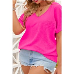 Rose Red Plus Size Crinkled V-Neck Short Sleeve Top