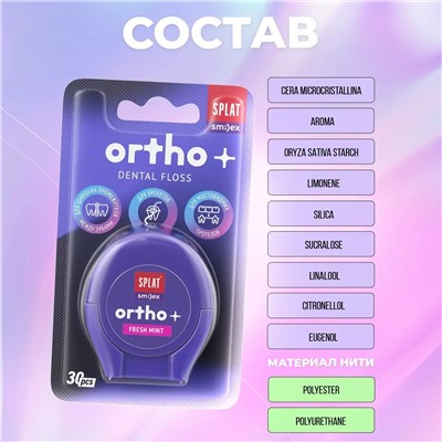 Сплат Ортодонтическая зубная нить Smilex Ortho+ с ароматом свежей мяты, 30 отдельных нитей (Splat, Ortho)