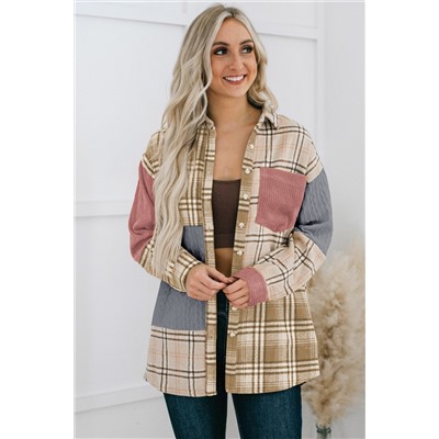 Pink Plaid Color Block Patchwork Shirt Jacket with Pocket