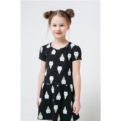 Платье  для девочки  КР 5722/черный,котики-мороженки к313