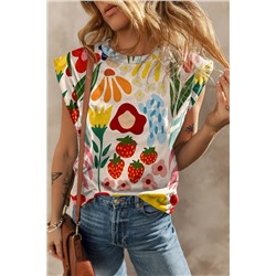 Khaki Flower Print Round Neck Cap Sleeve T Shirt