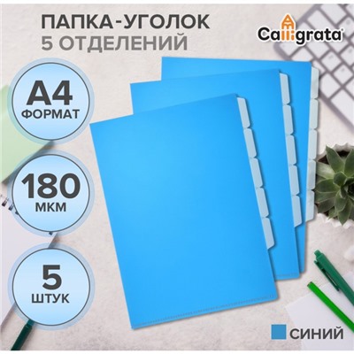 Набор папок уголков, А4, 180 мкм, 5 штук, Calligrata, 5 отделений, синие, гладкие, полупрозрачные