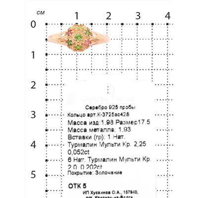 Кольцо из золочёного серебра с нат.турмалином мульти 925 пробы К-3725зс428