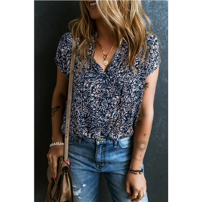 Blue Abstract Print Buttoned V Neck Short Sleeve Blouse