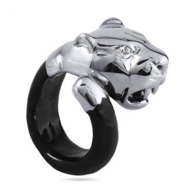 Кольцо пантера (эмаль черная, кристаллы SW белые; покрытие родий)