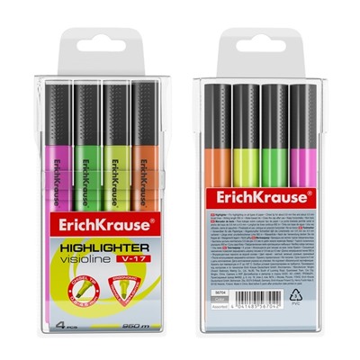 Набор маркеров текстовыделителей ErichKrause Visioline V-17, 4 штуки, 0.6-4.5 мм, чернила на водной основе, жёлтый, зелёный, розовый, оранжевый