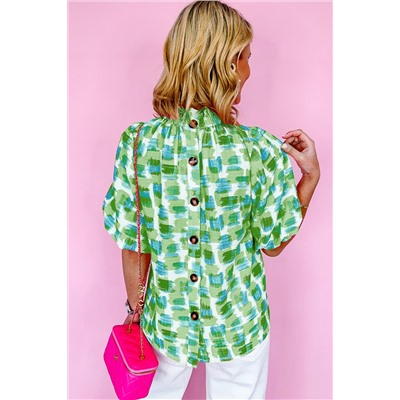 Green Abstract Print Button Back Ruffled High Neck Blouse