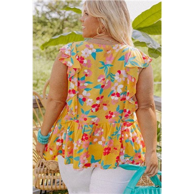 Yellow Plus Size Ruffle Trim Tie Neck Floral Peplum Tank Top