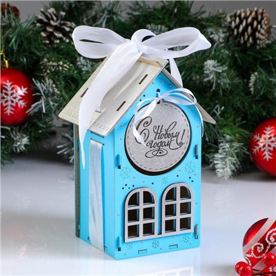 Коробка деревянная, 13.5×11.5×21 см "Новогодняя. Домик", подарочная упаковка, синий