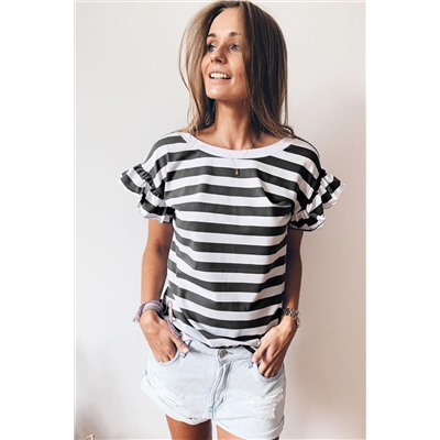 Black Striped V Neck Ruffle Sleeve Top