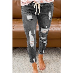 Серые рваные джинсы с эластичной резинкой на талии
