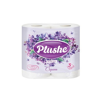 Туалетная Бумага Plushe Deluxe Light "Сирень" 4 рулона*15метров, 3 слоя, белый, 12 в упаковке