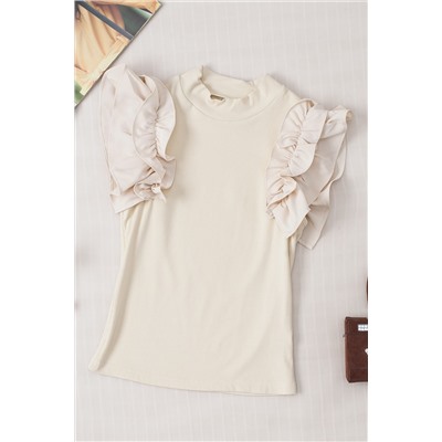 Beige Ruffle Flutter Sleeve High Neck Ribbed Blouse