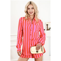 Orange Striped Print Collared Neck Shirt and Shorts Set