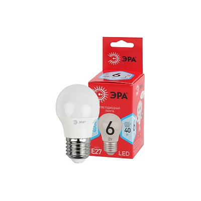 Лампа светодиодная ЭРА RED LINE LED P45-6W-840-E27 R E27 / Е27 6Вт шар нейтральный белый свет