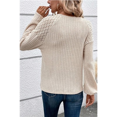 Parchment Contrast Lace Raglan Sleeve Buttoned Ribbed Top