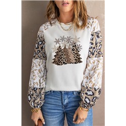 Leopard Color Block Crew Neck Long Sleeve Blouse