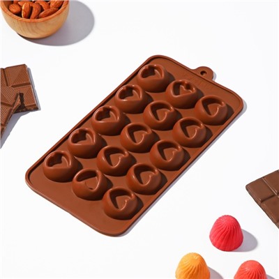 Форма для конфет и шоколада Доляна «Сердце», силикон, 23,2×12×1 см, 15 ячеек (d=3,3 см), цвет коричневый