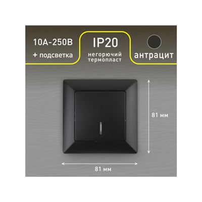 Выключатель Intro Solo 4-102-05 одноклавишный с подсветкой, 10А-250В, IP20, СУ, антрацит