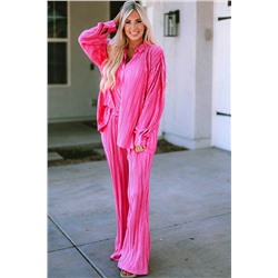 Rose Pleated Long Sleeve Shirt and Wide-Leg Pants Set