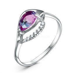 Кольцо из серебра с плавленым кварцем цвета розово-синий турмалин и фианитами родированное