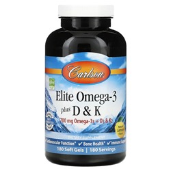 Carlson Labs, Elite Omega-3 с витаминами D и K, натуральный вкус лимона, 180 мягких таблеток