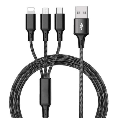 Кабель USB 3 в 1 для iOS + microUSB + type-С в тканой нейлоновой оплетке 1,2 метра