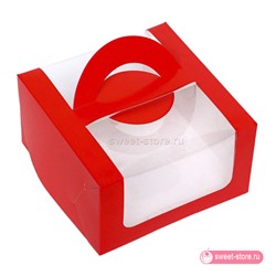 Коробка для бенто-торта с ручкой алая 14х14х8 см