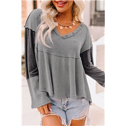 Medium Grey Waffle Knit Button Detail Exposed Seam Flowy Top