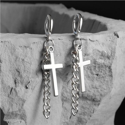 Серьги металл "Крест и цепочка", цвет серебро