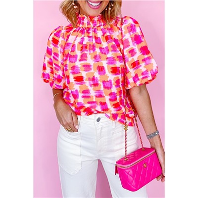 Pink Abstract Print Button Back Ruffed High Neck Blouse