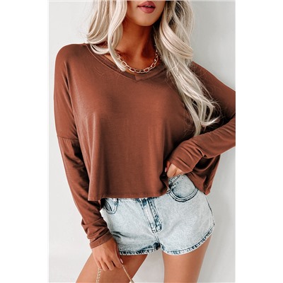 Sandalwood Loose V Neck Dropped Long Sleeve Top