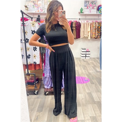 Black Slim Fit Crop Top and Pleated Wide Leg Pants Set