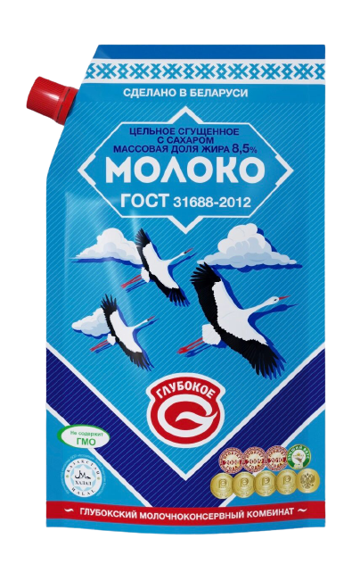 Глубокое" Молоко Цельное Сгущенное С Сахаром Дой-Пак , (8.5% 300 Г.