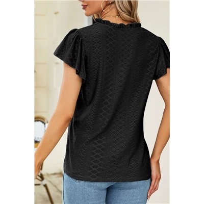 Black Eyelet Lace Textured V Neck Flutter Blouse