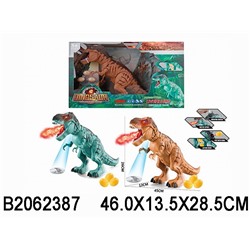 Динозавр на батар. "Тиранозавр" (2062387) ходит, выпускает пар, откладывает яйца, свет, звук, проектор, в коробке 46*28.5*13.5см