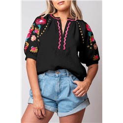 Black Floral Embroidered Ricrac Puff Sleeve Textured Blouse