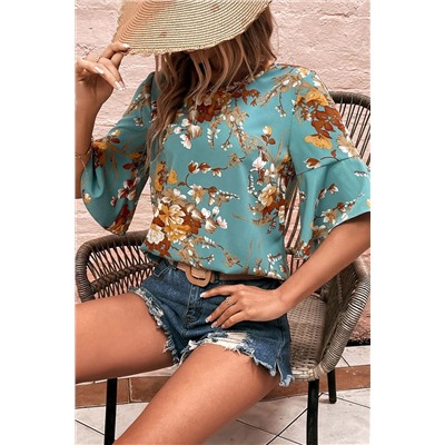 Mineral Blue Flare Sleeve Floral Blouse