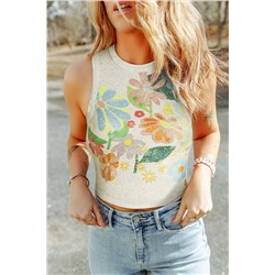 Beige Floral Crew Neck Crop Tank Top