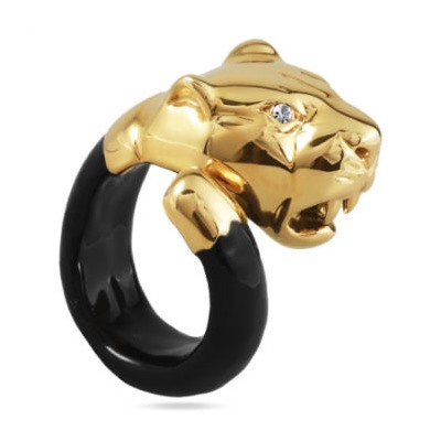 Кольцо пантера (эмаль черная, кристаллы SW белые; покрытие золото)