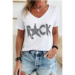 White Rhinestoned ROCK Star Graphic V Neck T Shirt