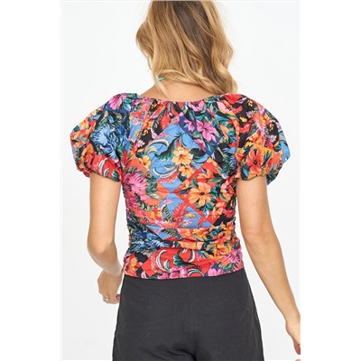 Orange Floral Print Puff Sleeve Ruched V Neck Blouse