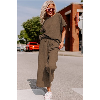 Brown Textured Loose Fit T Shirt and Drawstring Pants Set